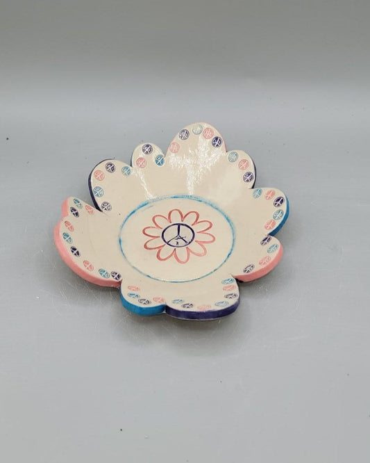 7  inch Hand Painted Flower Peace Flowered Shaped Circle Trinket Bowl in Cotton Candy Skies