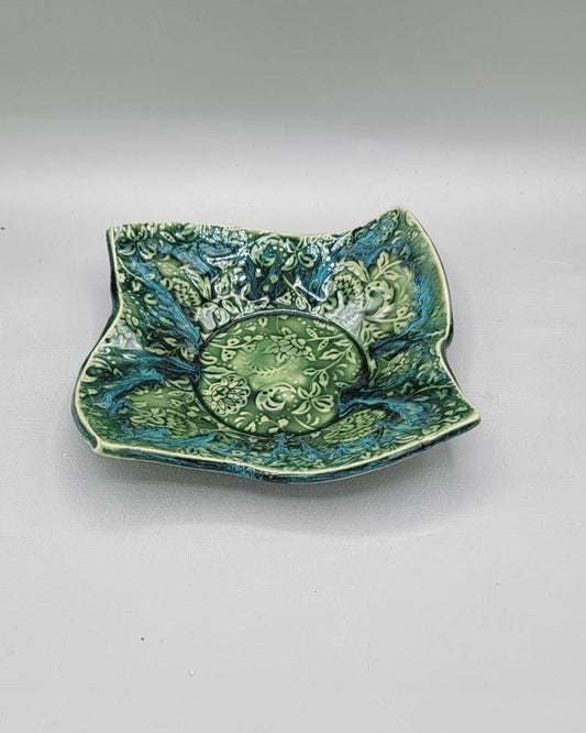 7 inch Embossed Dandelion Fluff Fancy Square Trinket Dish in Blue Dreams