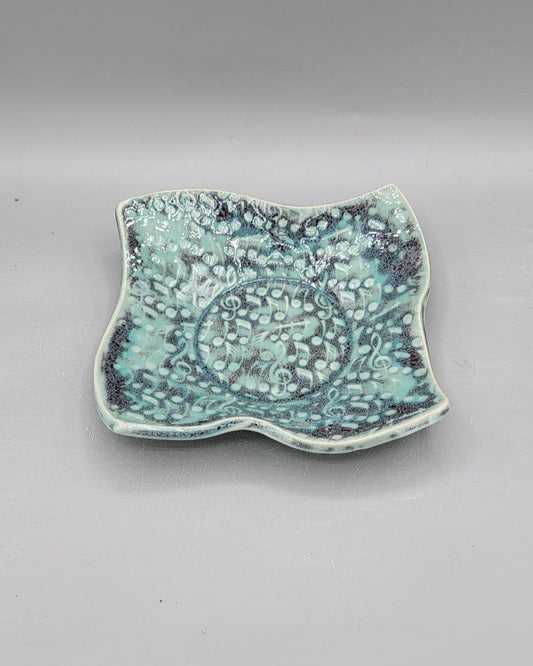 7 inch Embossed Music Notes Fancy Square Trinket Dish in Minty Petals