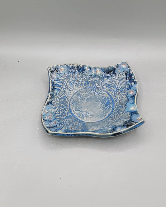 7 inch Embossed Dandelion Fluff Fancy Square Trinket Dish in Blue Galaxy