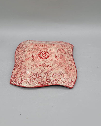 7 inch Skeleton & Roses Fancy Square Trinket Dish in Bright Red