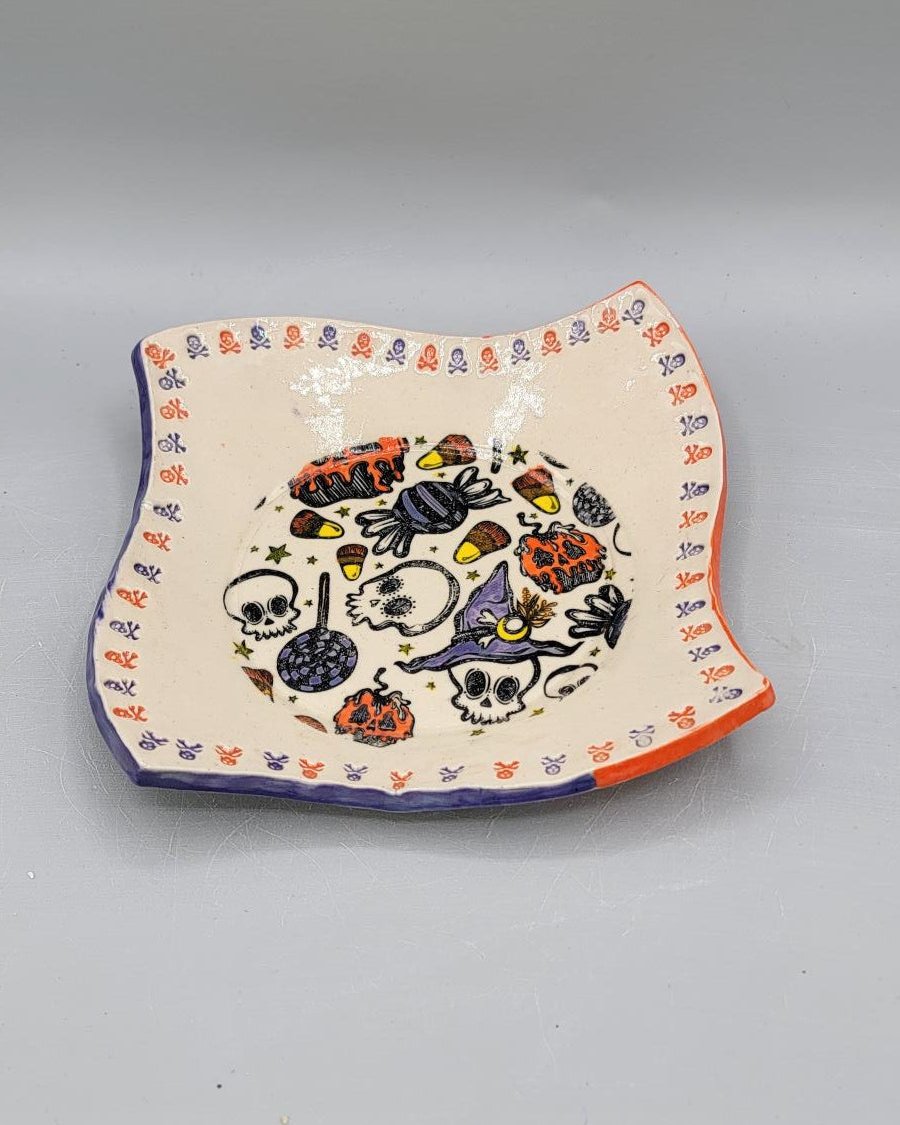 7 inch Hand Painted Spooky Fancy Square Trinket Dish