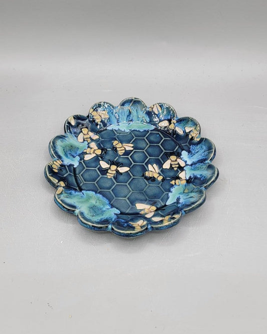 6 inch Hand Painted Embossed Bees & Honey Comb Fancy Circle Trinket Dish in Caribbean Blue