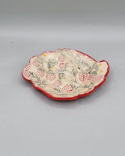 7 inch Hand Painted Embossed Strawberries Island Shaped Trinket Dish in Bright Red