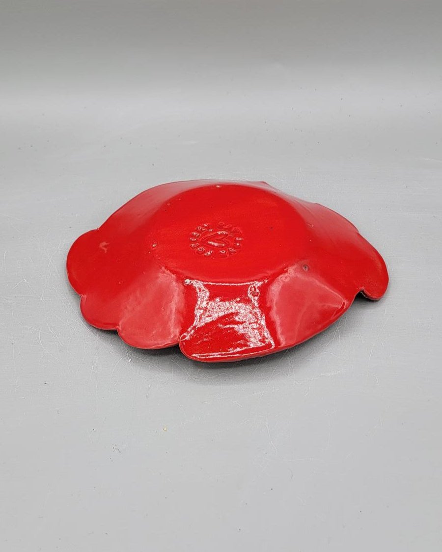 7 inch Hand Painted Embossed Strawberries Island Shaped Trinket Dish in Bright Red