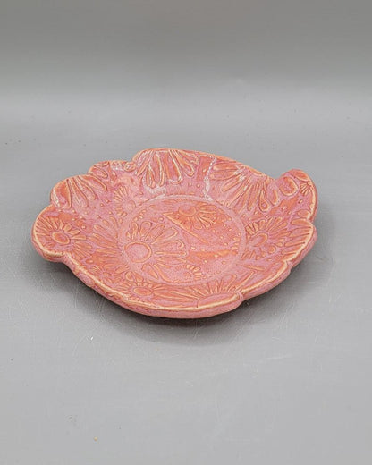 7 inch Embossed Daisies Island Shaped Trinket Dish in Hot Pink