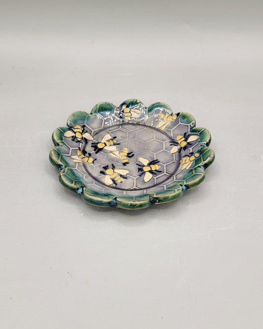 6 inch Hand Painted Embossed Bees & Honeycombs Scalloped Circle Trinket Dish in Alice Dream