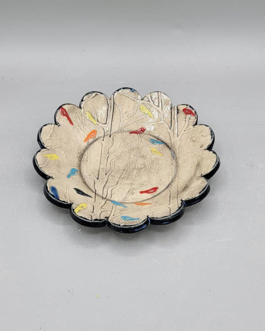 6 inch Hand Painted Embossed Multi Color Birds in Forest Scalloped Circle Trinket Dish