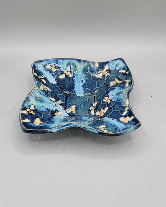 7 inch hand Painted Embossed Bees & Honeycomb Curvy Square Trinket Dish in Caribbean Blue