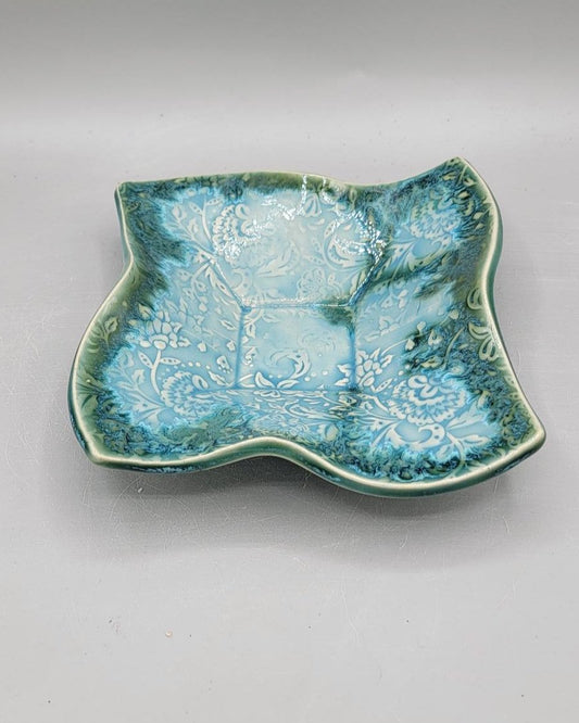 7 inch Embossed Dandelion Fluff Curvy Square Trinket Dish in Lost in A Lagoon