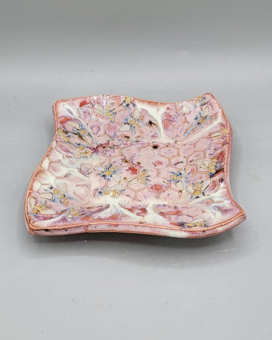 7 inch Hand Painted Bees & Honeycomb Fancy Square Trinket Dish in Pink-a-licious