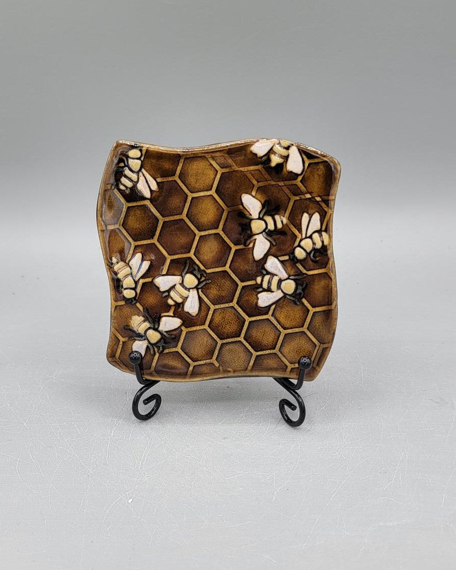 4 inch Hand Painted Bees & Honeycomb Fancy Square Trivet