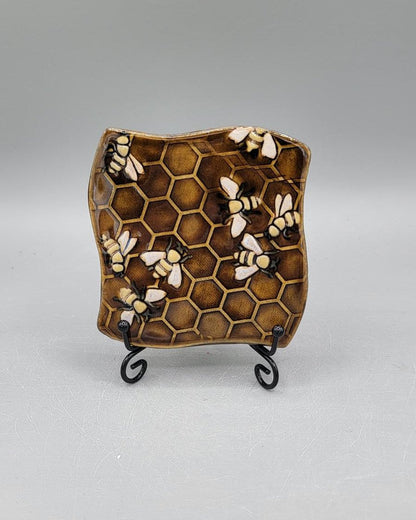 4 inch Hand Painted Bees & Honeycomb Fancy Square Trivet