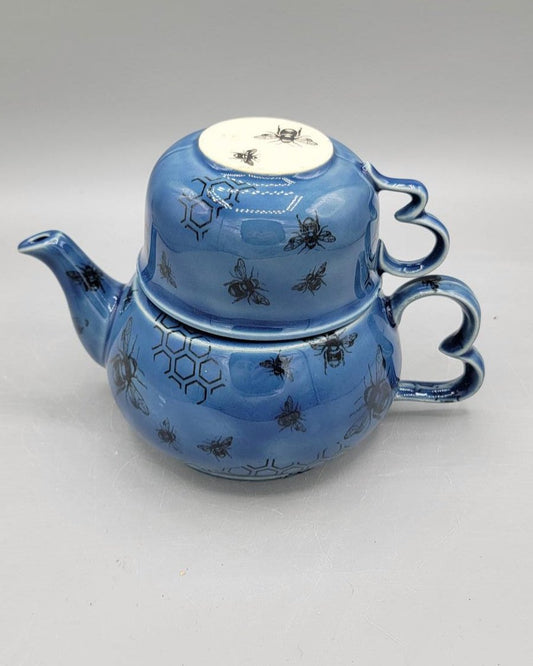 Tea for One Set with Bees and Honeycomb in Blue