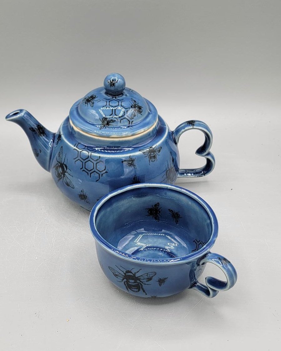 Tea for One Set with Bees and Honeycomb in Blue