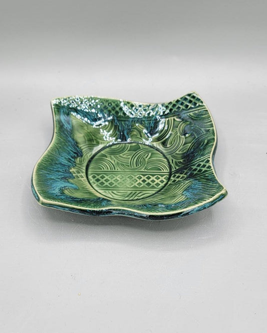 7 inch Embossed Geo Fancy Square Trinket Dish in Blue Dreams