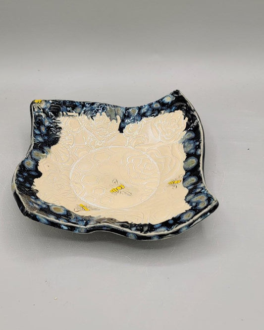 7 inch Embossed Flowers, Bees, & Honeycomb Fancy Square Trinket Dish in Milky Way