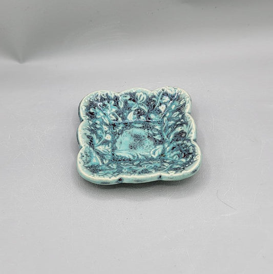 4 inch Embossed Dandelions Fancy Square Trinket Dish in Minty Petals