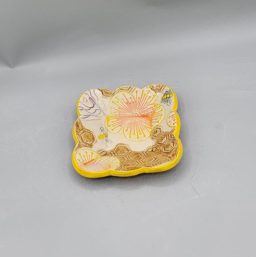 4 inch Embossed Flowers, Honeycomb, & Bees Fancy Square Trinket Dish in Detailed Glazing