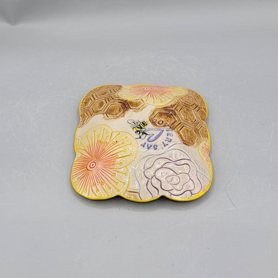 4 inch Embossed Flowers, Honeycomb, & Bees Fancy Square Trinket Dish in Detailed Glazing