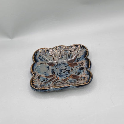 4 inch Embossed Mushrooms Fancy Square Trinket Dish in Midnight Blue