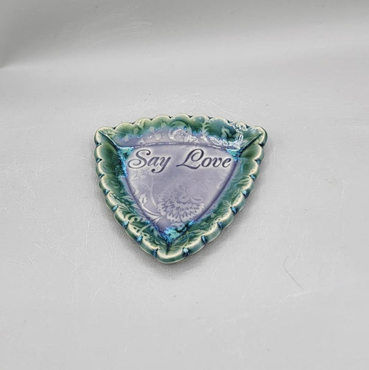 4 inch Say Love Embossed Peonies Scalloped Triangle Trinket Dish