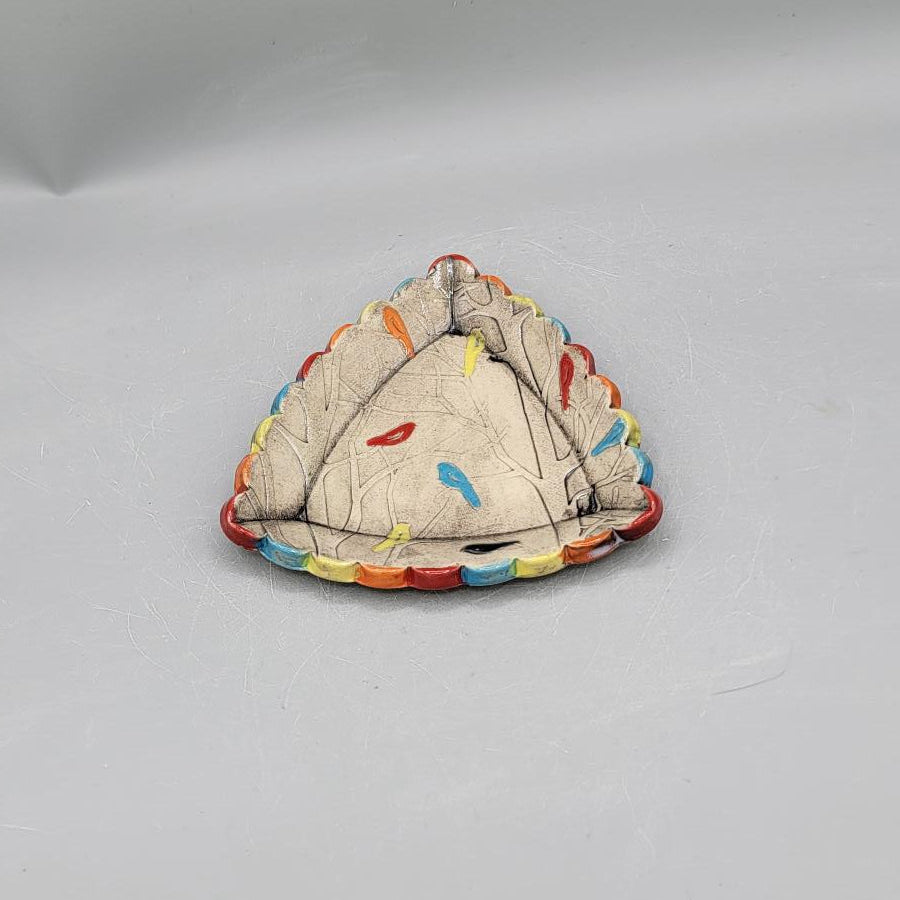 4 inch Hand Painted Birds & Forest Scalloped Triangle Trinket Dish