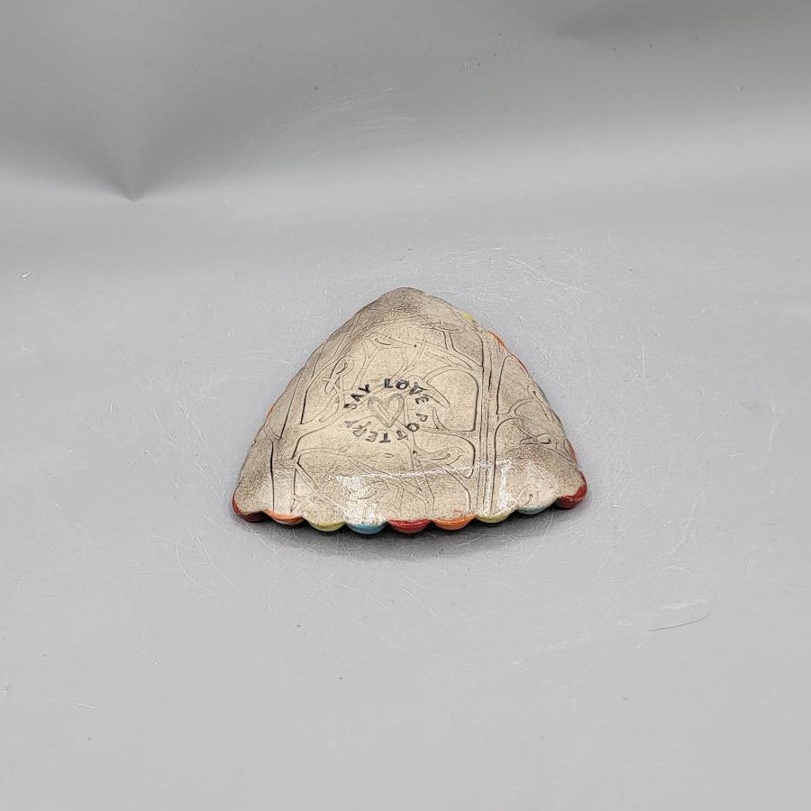 4 inch Hand Painted Birds & Forest Scalloped Triangle Trinket Dish