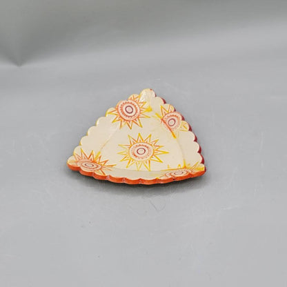 4 inch Hand Painted Suns Scalloped Triangle Trinket Dish With Rainbow Bottom