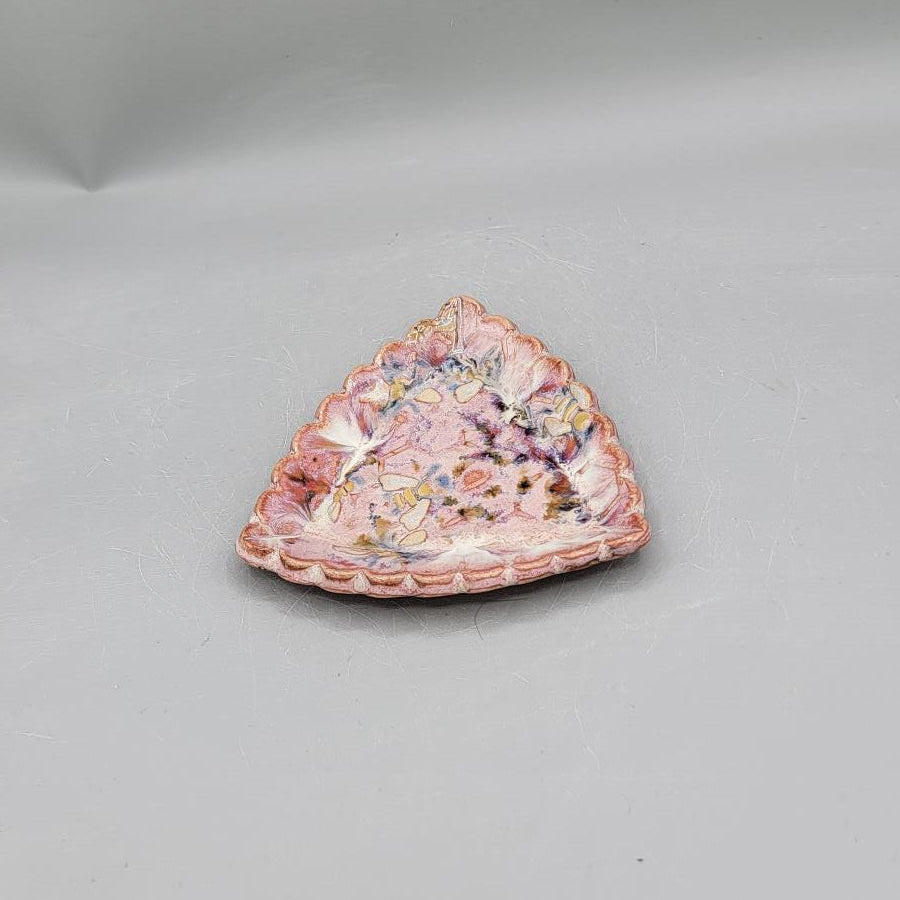 4 inch Hand Painted, Embossed Honeycomb & Bees Scalloped Triangle Trinket Dish