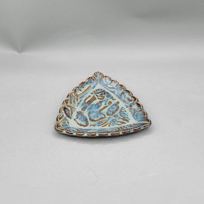 4 inch Embossed Mushrooms Scalloped Triangle Trinket Dish Floating Blue