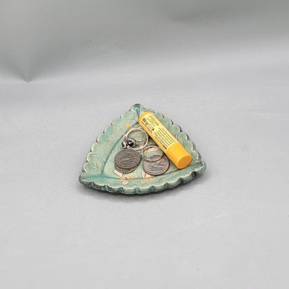 4 inch Hand Painted & Embossed Honeycomb & Bees Scalloped Triangle Trinket Dish in Minty Petals