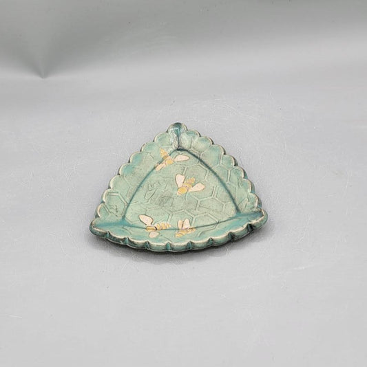 4 inch Hand Painted & Embossed Honeycomb & Bees Scalloped Triangle Trinket Dish in Minty Petals