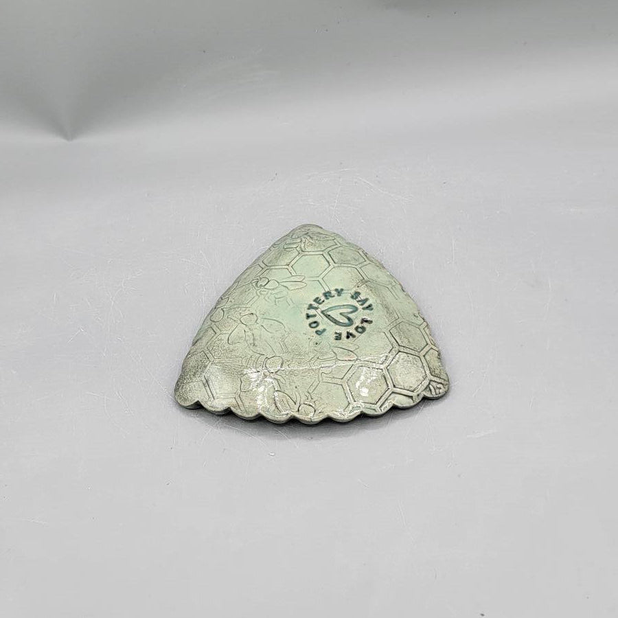 4 inch Hand Painted & Embossed Honeycomb & Bees Scalloped Triangle Trinket Dish in Minty Petals