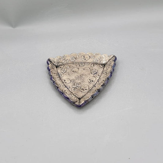 4 inch Embossed Skulls & Roses Scalloped Triangle Trinket Dish