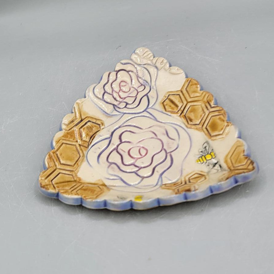 4 inch Hand Painted Flowers, Honeycomb, Bee Scalloped Triangle Trinket Dish