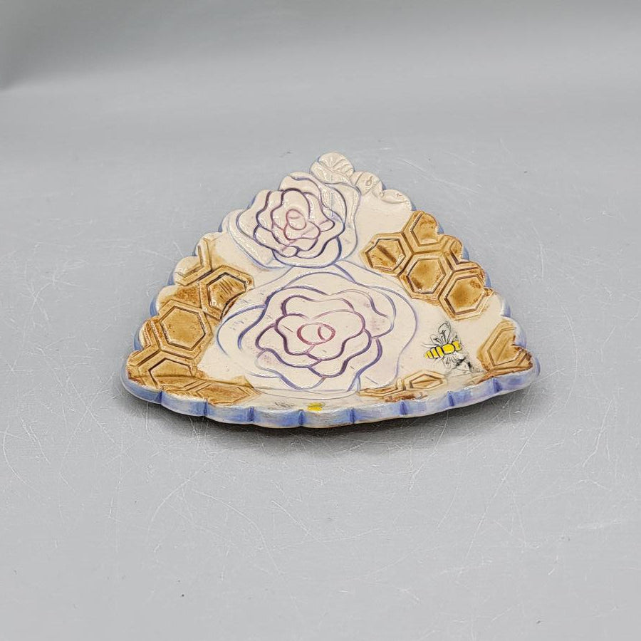 4 inch Hand Painted Flowers, Honeycomb, Bee Scalloped Triangle Trinket Dish