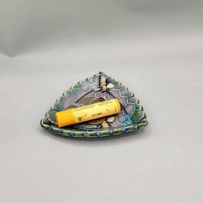 4 inch Hand Painted Embossed Honeycomb, Bee Scalloped Triangle Trinket Dish in Alice Dreams