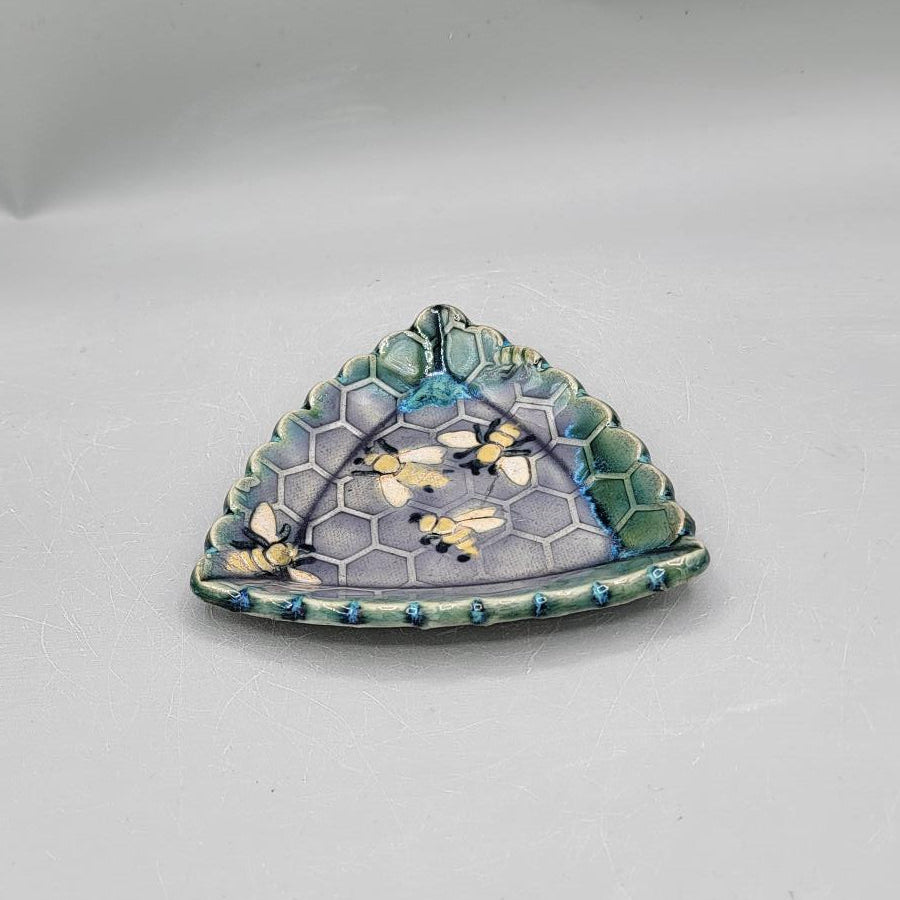 4 inch Hand Painted Embossed Honeycomb, Bee Scalloped Triangle Trinket Dish in Alice Dreams