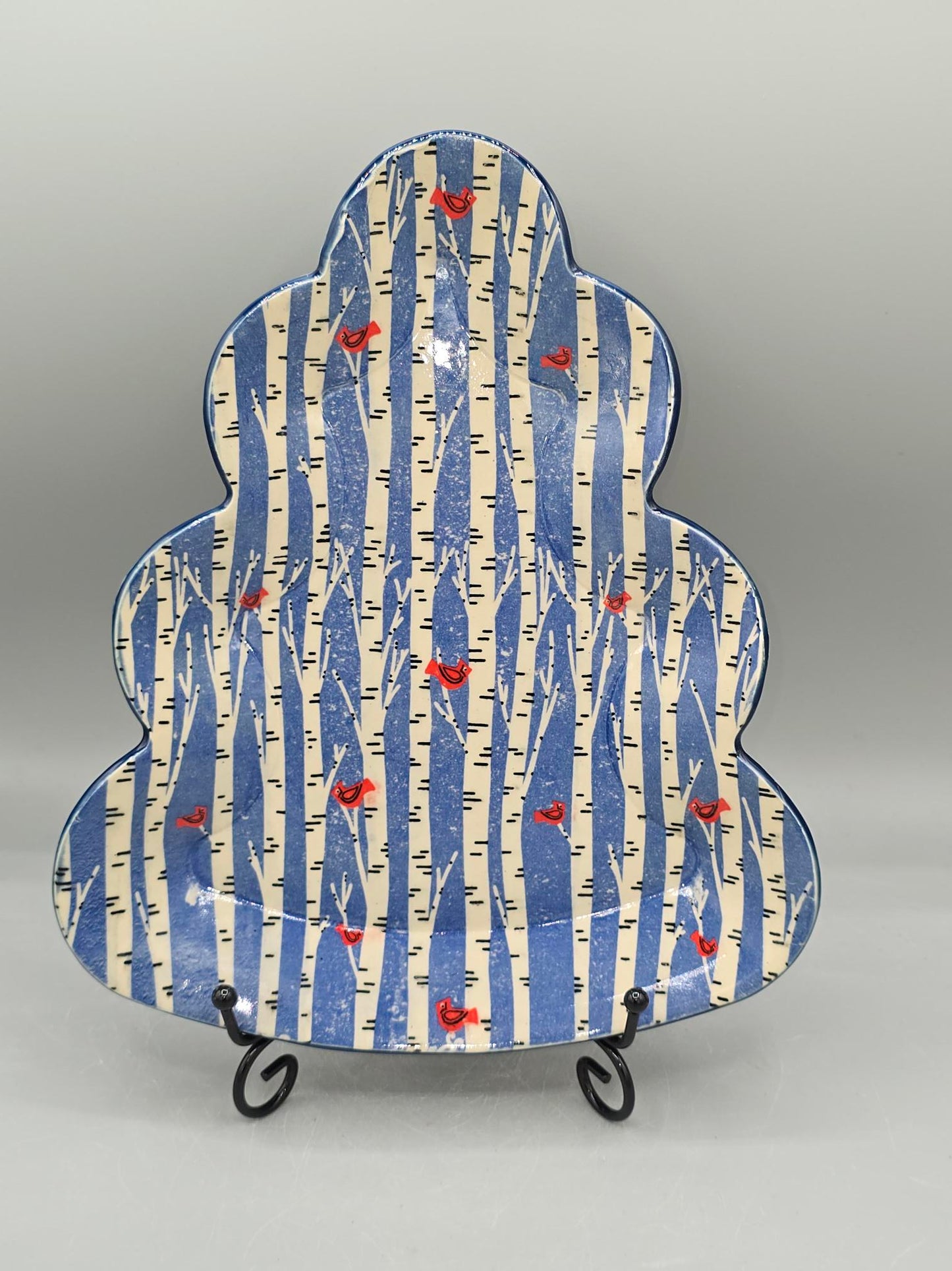 10 inch Large Tree Shaped Cardinals & Birch Plate