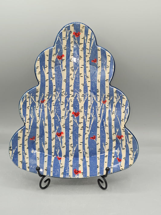 10 inch Large Tree Shaped Cardinals & Birch Plate
