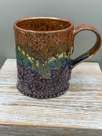 14-15 oz Embossed Roses Ceramic Mug in Melting Copper to Purple