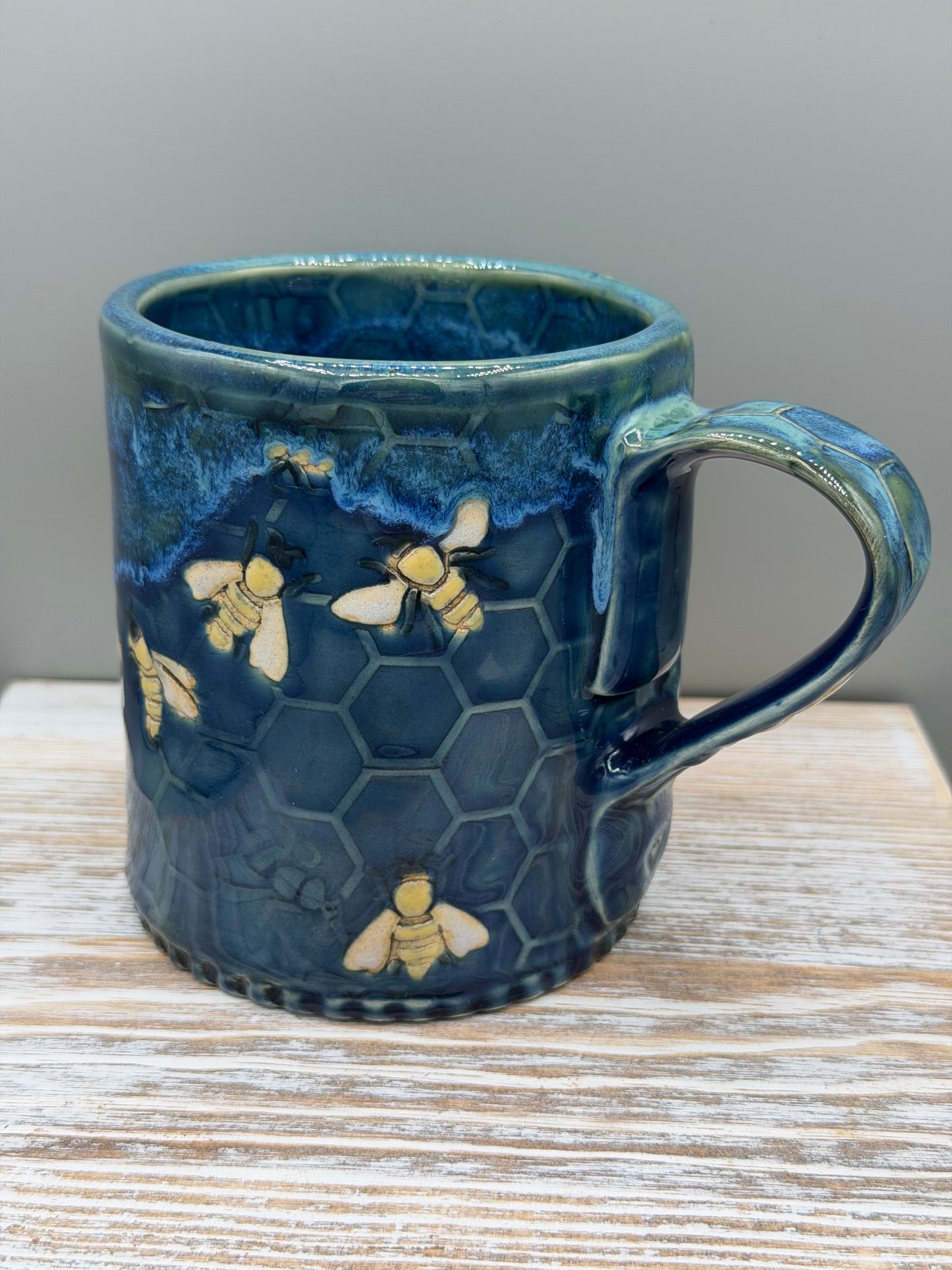 14-15 oz Hand Painted, Embossed Bees & Honeycomb Ceramic Mug in Caribbean Blue