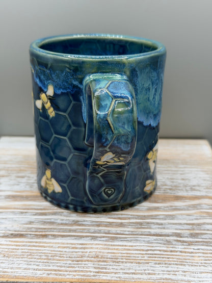14-15 oz Hand Painted, Embossed Bees & Honeycomb Ceramic Mug in Caribbean Blue