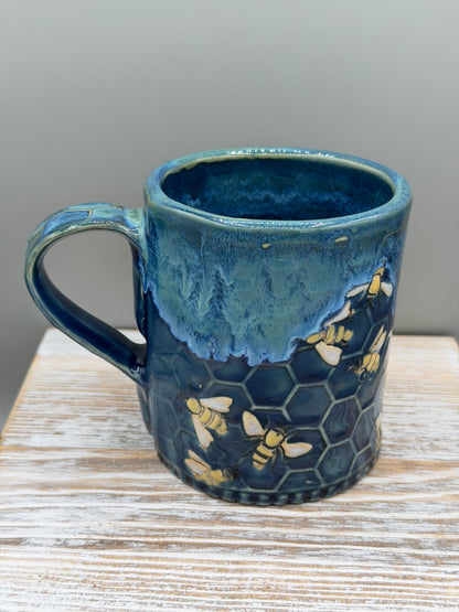 14-15 oz Hand Painted, Embossed Bees & Honeycomb Ceramic Mug in Caribbean Blue
