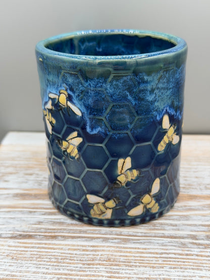 14-15 oz Hand Painted, Embossed Bees & Honeycomb Ceramic Mug in Caribbean Blue
