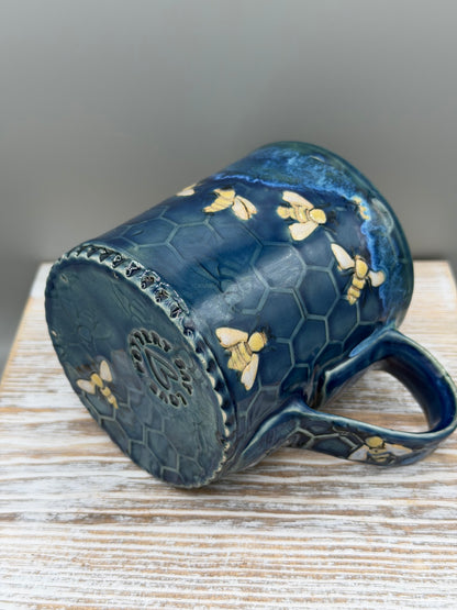 14-15 oz Hand Painted, Embossed Bees & Honeycomb Ceramic Mug in Caribbean Blue