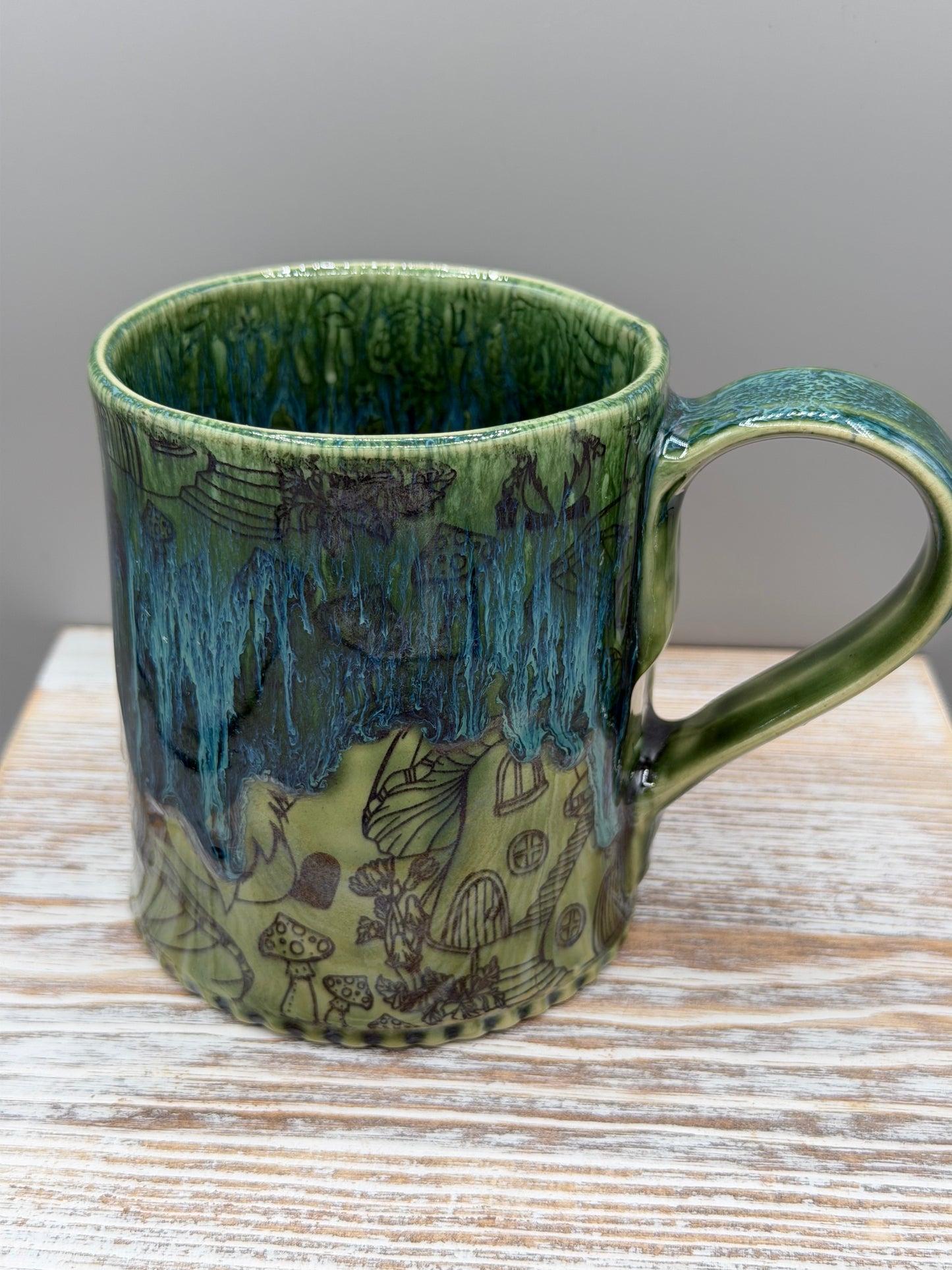 14-15 oz Mushroom & Gnome Ceramic Mug in Blue Dreams