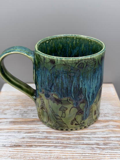 14-15 oz Mushroom & Gnome Ceramic Mug in Blue Dreams