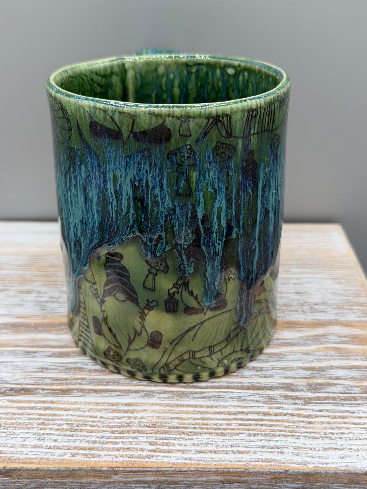 14-15 oz Mushroom & Gnome Ceramic Mug in Blue Dreams